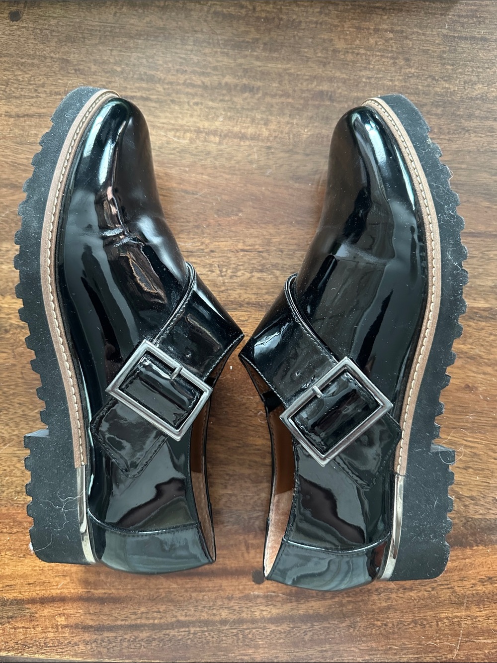 Franco Sarto Black Patent Buckle and Strap Loafers with Lug Sole - Picture 4 of 5